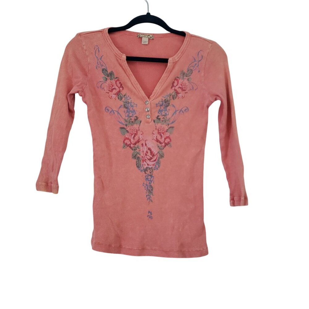 Y2K Energe Pink Floral 3/4 Sleeve Top Casual Boho Country‎ Cowgirl Everyday